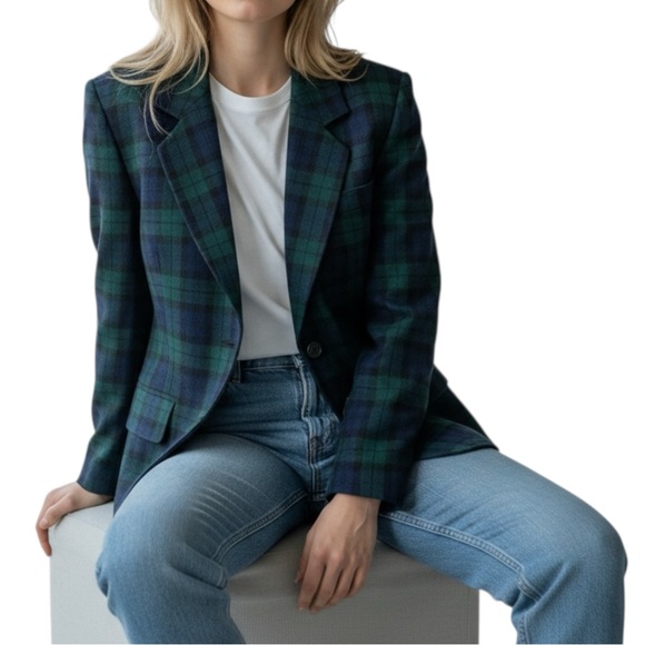 Pendleton Vintage ‘80’s Green Navy Tartan Plaid 100% Virgin Wool Blazer Jacket - Picture 5 of 14